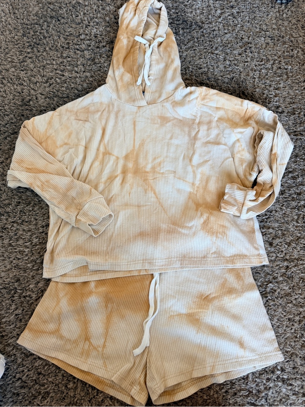 Tie-Dye Ribbed Hoodie & Short Set - Neutral Tan/Cream yellow